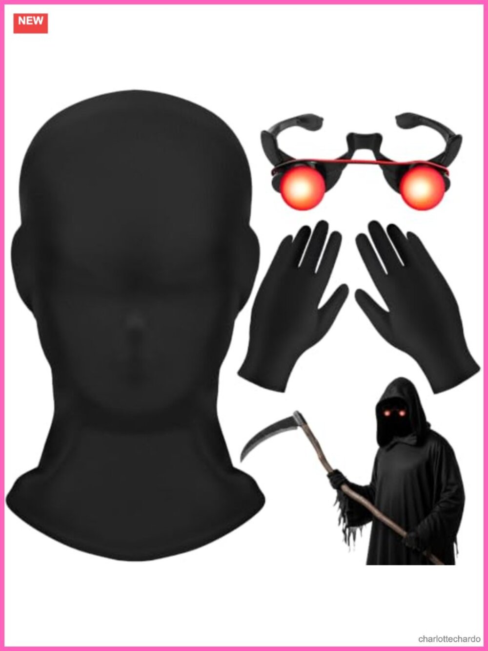 Glowing Grim Reaper Costume Set Full Face Mask Gloves LED Glasses Halloween